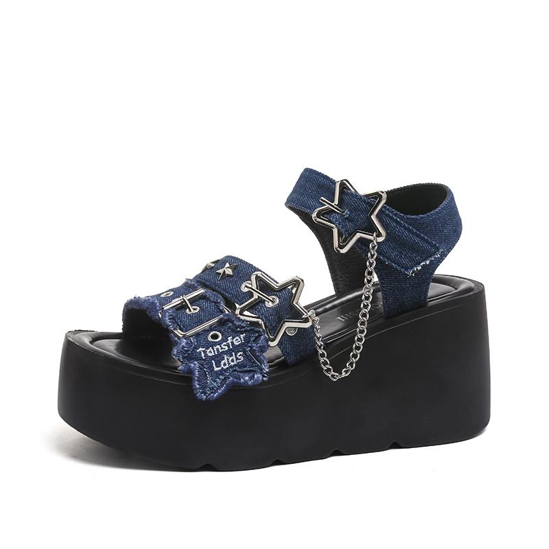 Fashion 9CM Punk Gothic Platform Canvas Shoes Open Toe Buckle Strappy Summer Sexy Rivets Thick Heels Footwear Gladiator Sandals Women