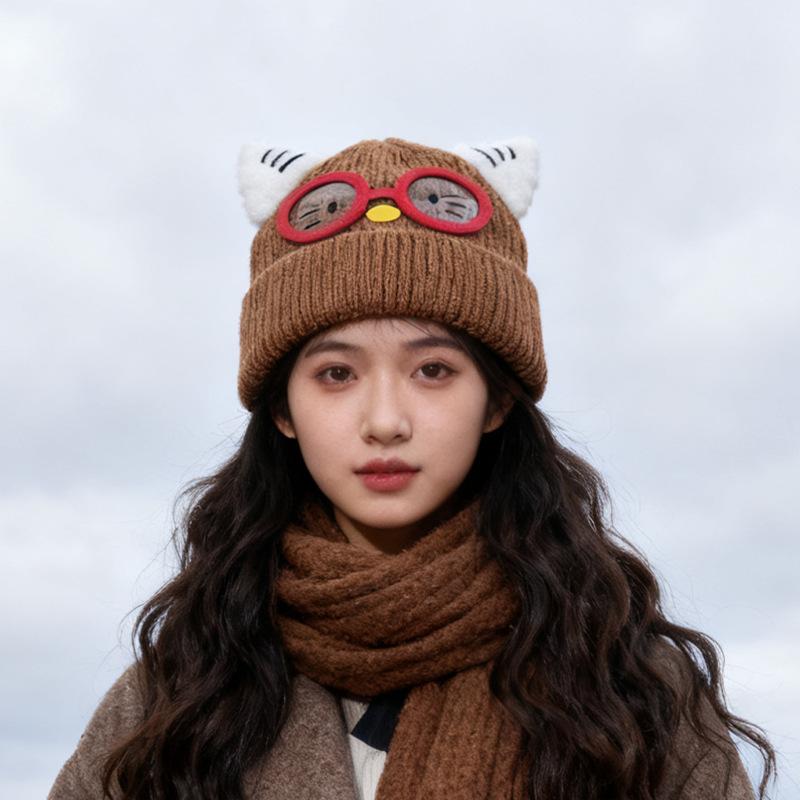 Cute Glasses Cat Ears Hat Women's Autumn and Winter Warm Ear Protection Knitted Hat Showing Face Small Wool Cold Hat
