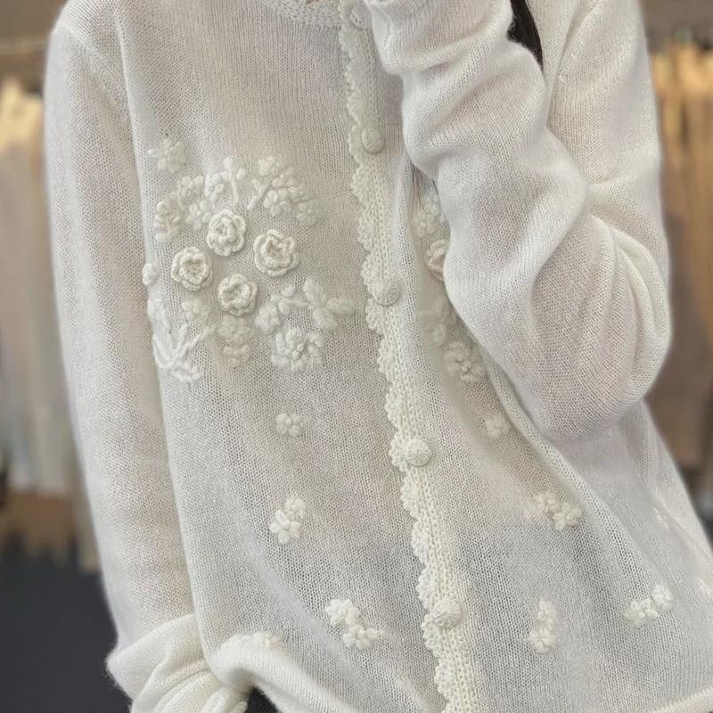 Women's European Round Neck Rose Cashmere Cardigan - Early Spring Heavy Knit Sweater Jacket