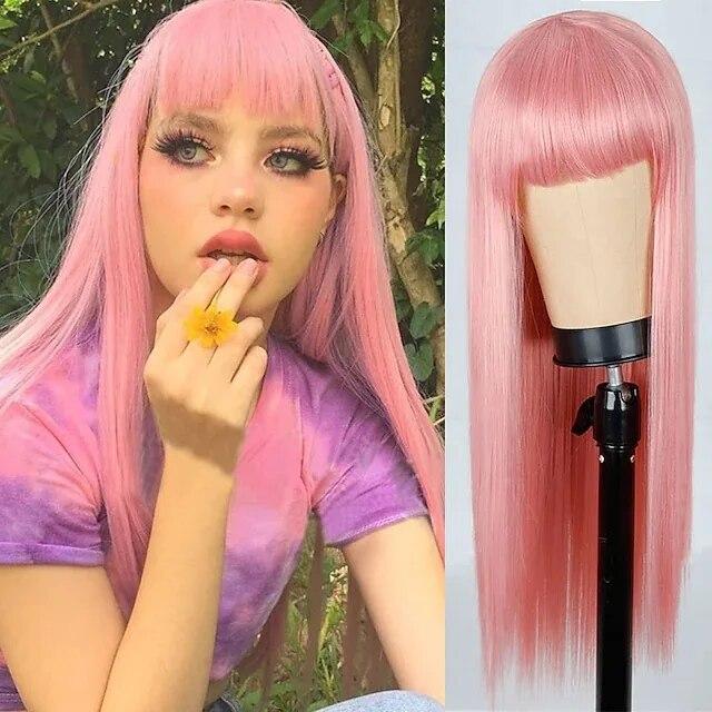 Similler Women Synthetic Hair Long Straight Heat Resistant Wig Pink and Black Red White Split Dye Wigs with Bangs