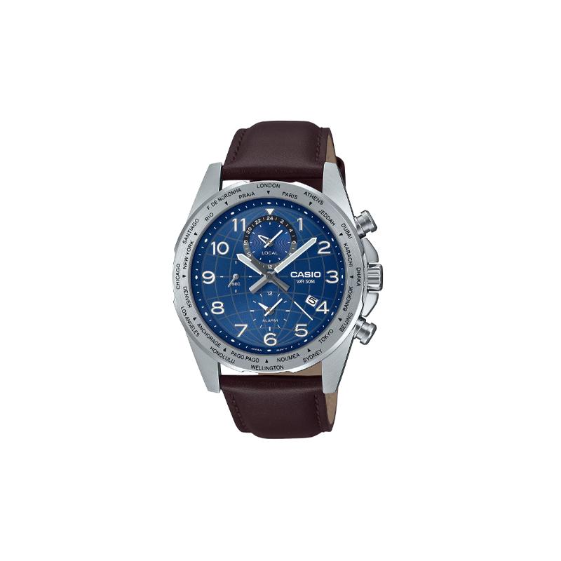

Casio 50 meters waterproof, fashionable, quartz movement, leather strap, Japanese and Korean watch, men s watch, blue dial MTP-W500L-2A синий