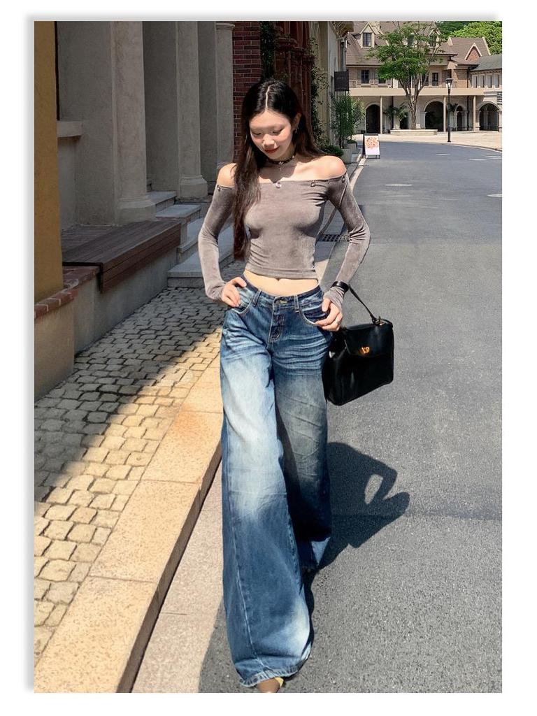 Retro Blue High-Waisted Wide-Leg Jeans for Women – Autumn/Winter 2025 Collection, Floor-Length and Slimming Design