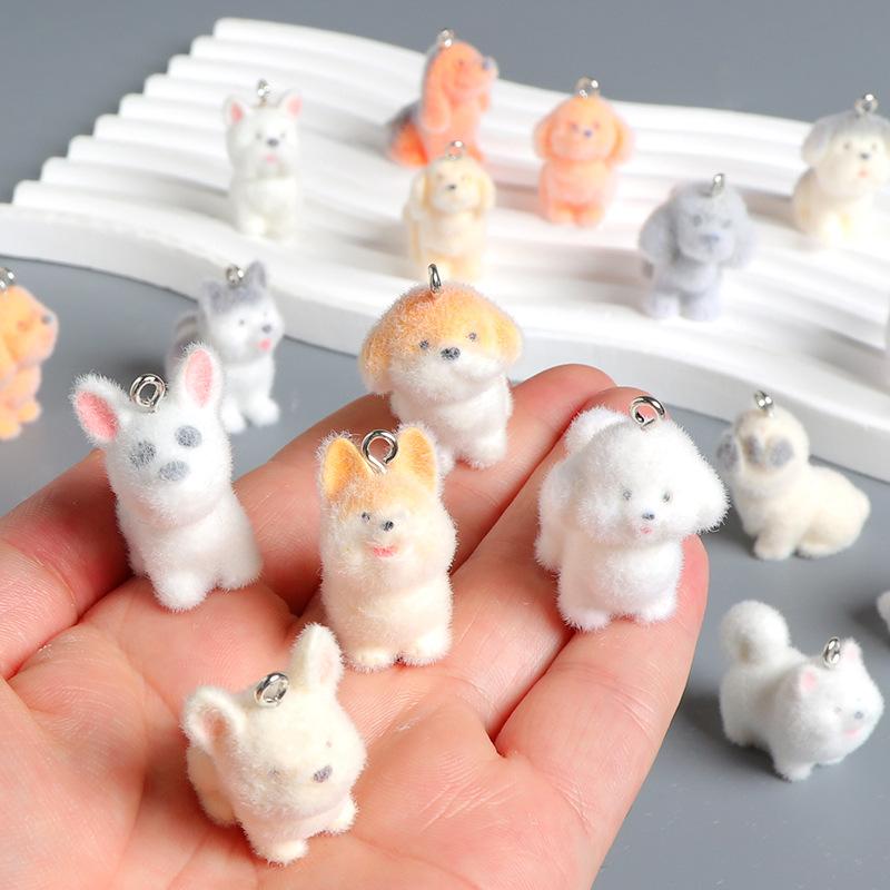 Cute Flocked 3D Dog Resin Figure Animal Statue Keychain Pendant for DIY Crafts Home Desk Decor Kawaii Gift Ideas