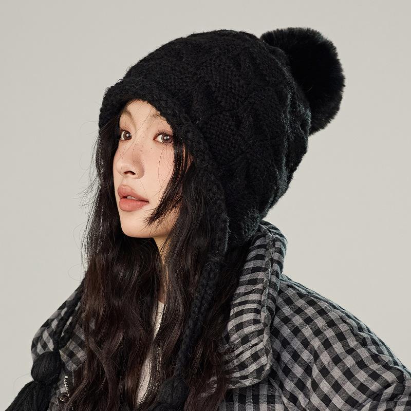 Winter Solid Color Fringed Hairball Knitted Hat Women's Wool Hat Fashion Ear Hat