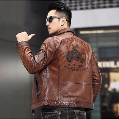 Frühling und Herbst Neue Lederjacke Herren Lederjacke Bestickte Fliegerjacke mit kurzem Revers