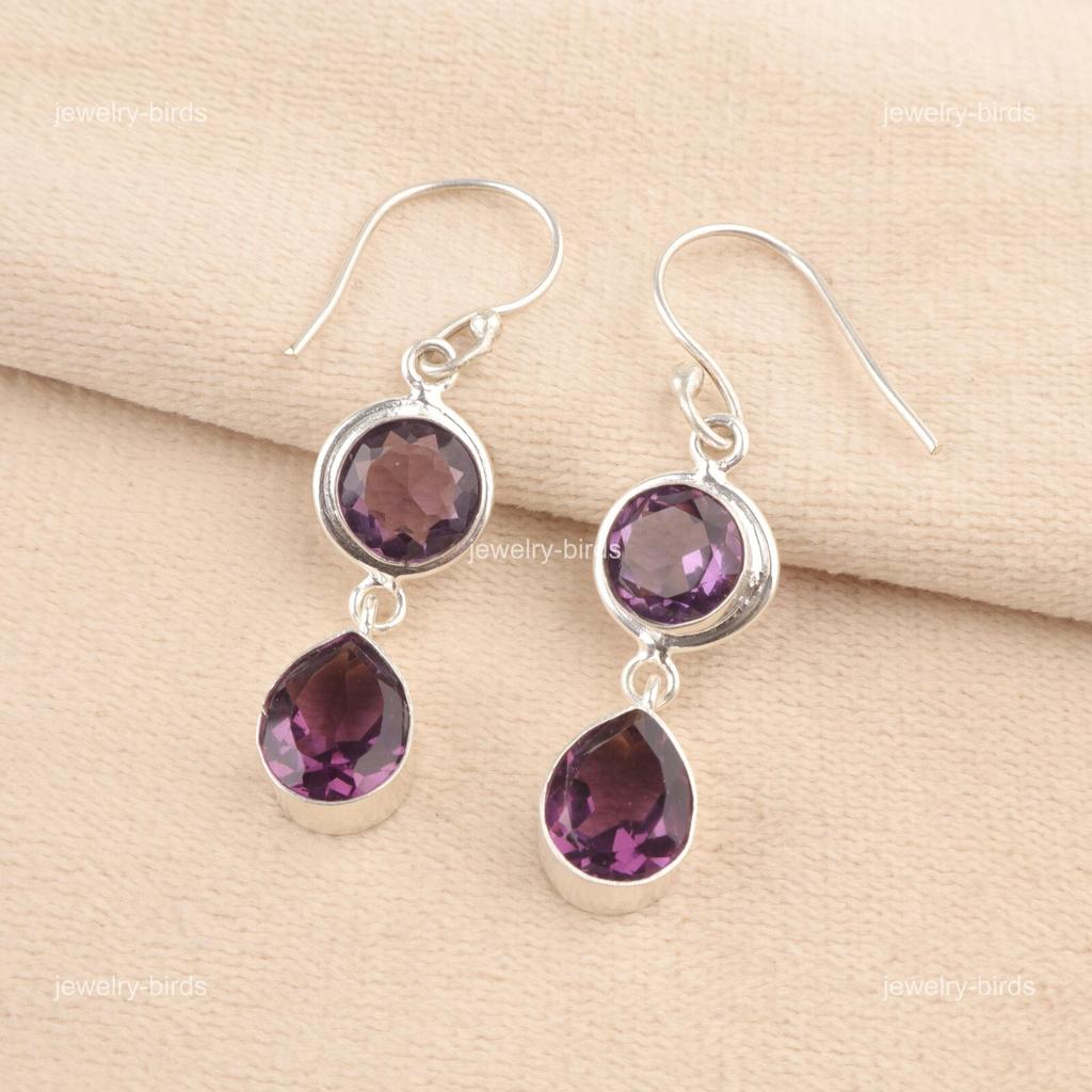 Natural Amethyst Hook Sisters Gift Drop Dangle Boho Earrings 925 Sterling Silver EE-142-2
