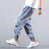 Elastic waist denim trousers men's pants new spring and autumn tide brand loose casual tied nine-point pants