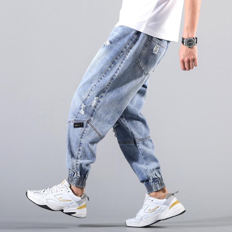 Elastic waist denim trousers men's pants new spring and autumn tide brand loose casual tied nine-point pants