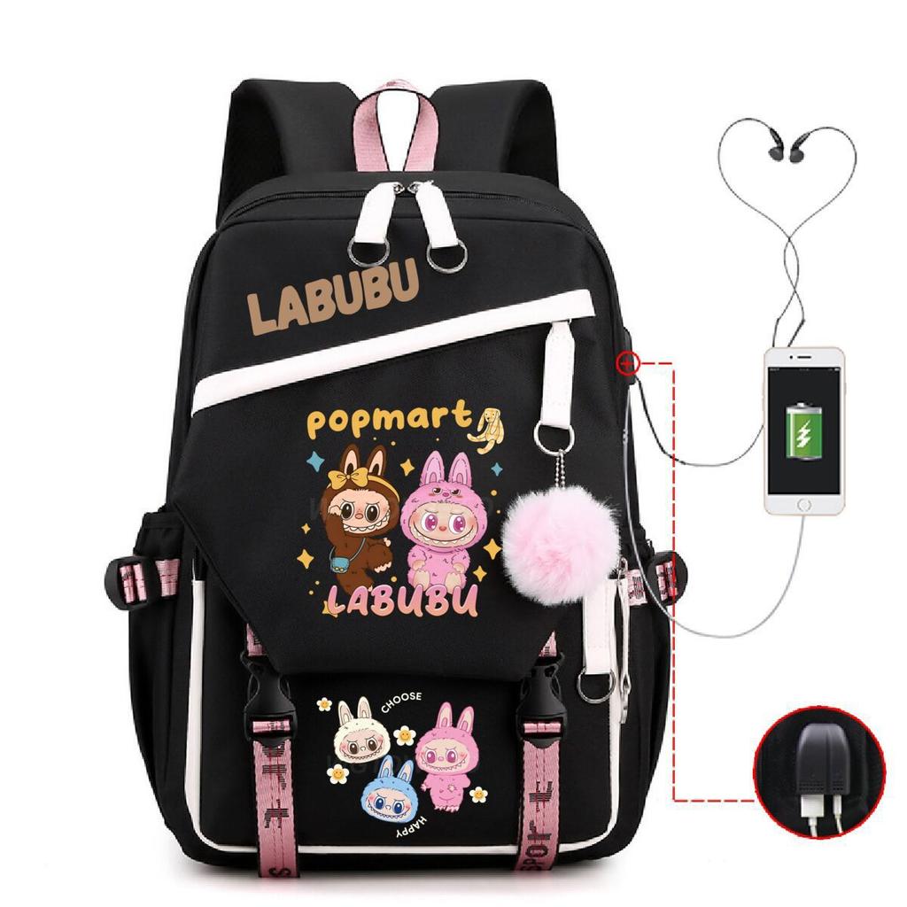 Labubu printed student schoolbag multi-function large capacity backpack with USB port