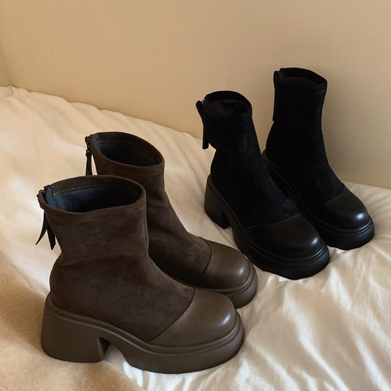Vintage Platform Thick Heels Women Ankle Boots Autumn Winter Height Increase Women's Stretch Slim Short Botas De Mujer
