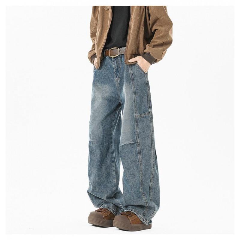 Mens Distressed Patchwork Jeans Thin Loose Straight Leg Wide Pants Teens