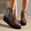 Women Wedges Ankle Boots Embroidery Designer Retro Mid Heels Shoes  Trend Winter New Classic Goth Leather Botas De Mujer