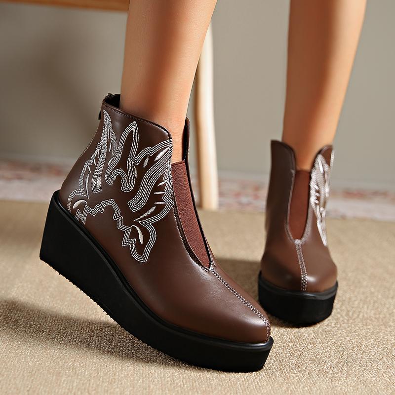 Women Wedges Ankle Boots Embroidery Designer Retro Mid Heels Shoes  Trend Winter New Classic Goth Leather Botas De Mujer