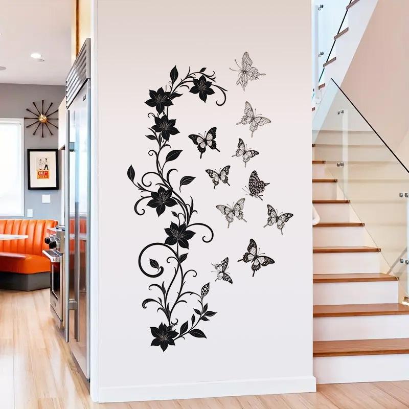 Black Floral Vine Butterfly Wall Sticker Self-Adhesive Removable for Living Room Hallway Bedroom Elegant Home Decor Art