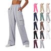 Women's Mid Rise Cargo Pants Loose Straight Leg Sweatpants Solid Color Elastic Waist Casual Wide Leg Trousers