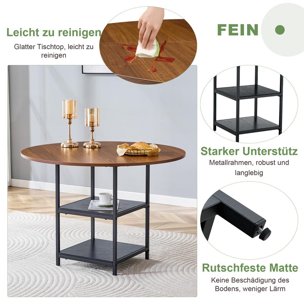 Round Dining Table with 107 Cm Diameter and Double Shelf In Walnut Look, MDF Top + Metal Frame, Suitable for 2–4 People, for European Family Meals.