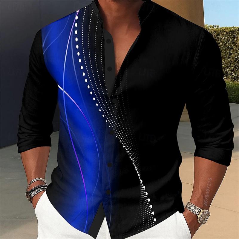 Men's long-sleeved shirt, stylish geometric print shirt, business casual slim-fit long-sleeved collared shirt for men.