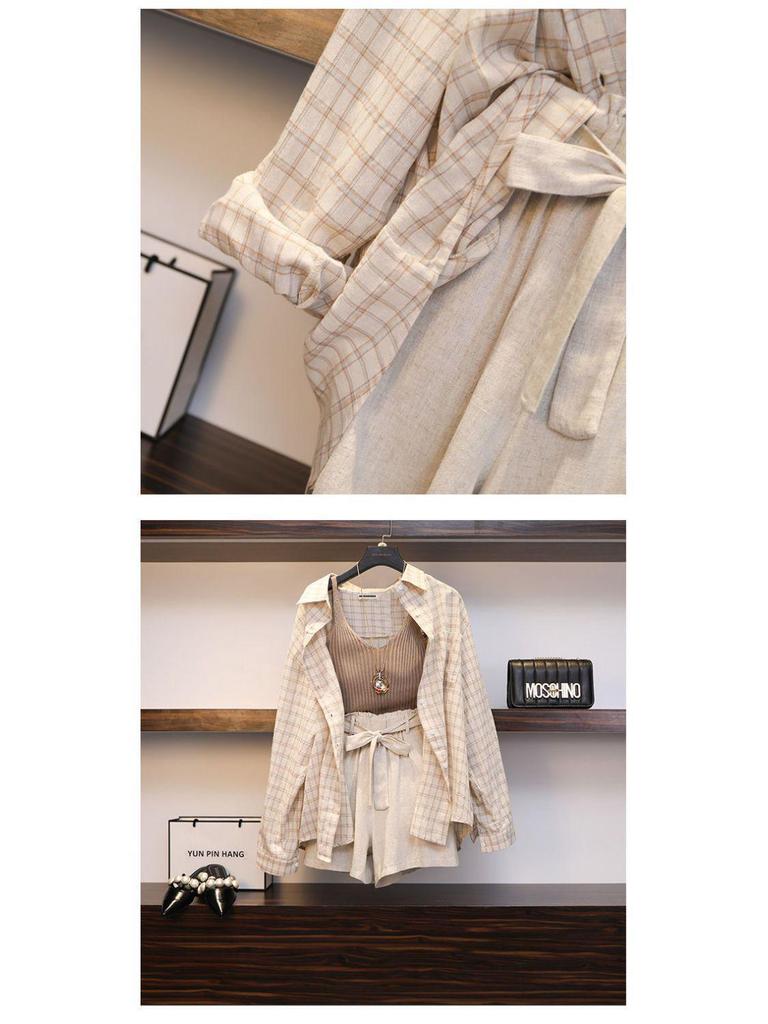 Chic Plaid Slimming Plus Size Summer Three-Piece Suit for Women