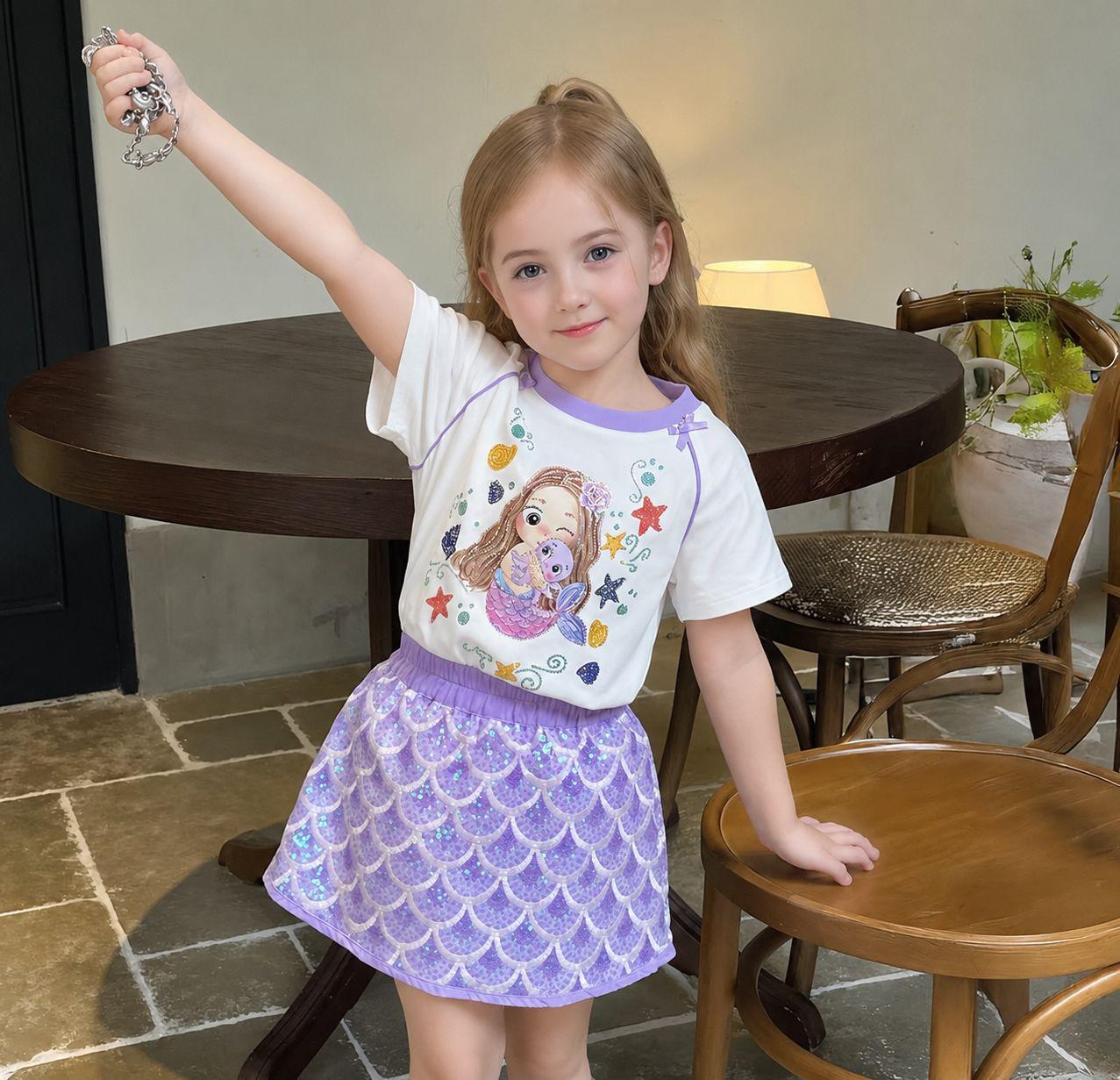 Girls Mermaid Sequin Short Sleeve Dress Set for Summer 90