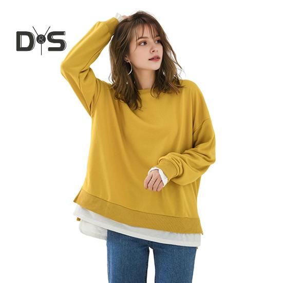 Women Sweatshirt Round Neck Long Sleeve Solid Color Loose Fit Pullover Tops Fake Two Pieces Side Slit Design Casual Sport Tops
