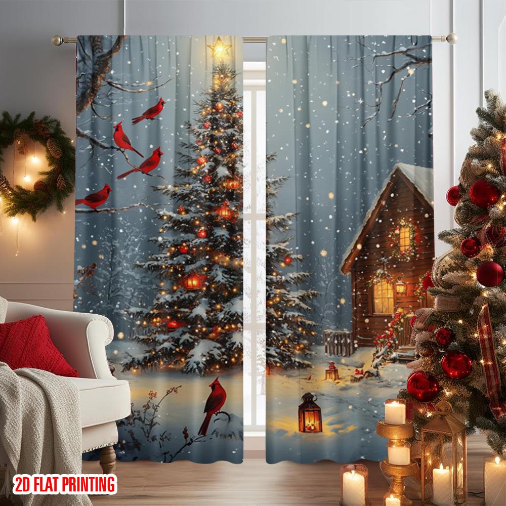 2pcs 2D flat printing Christmas Curtains Snow Christmas tree_ red card Versatile Polyester Without Electricity Family Party for