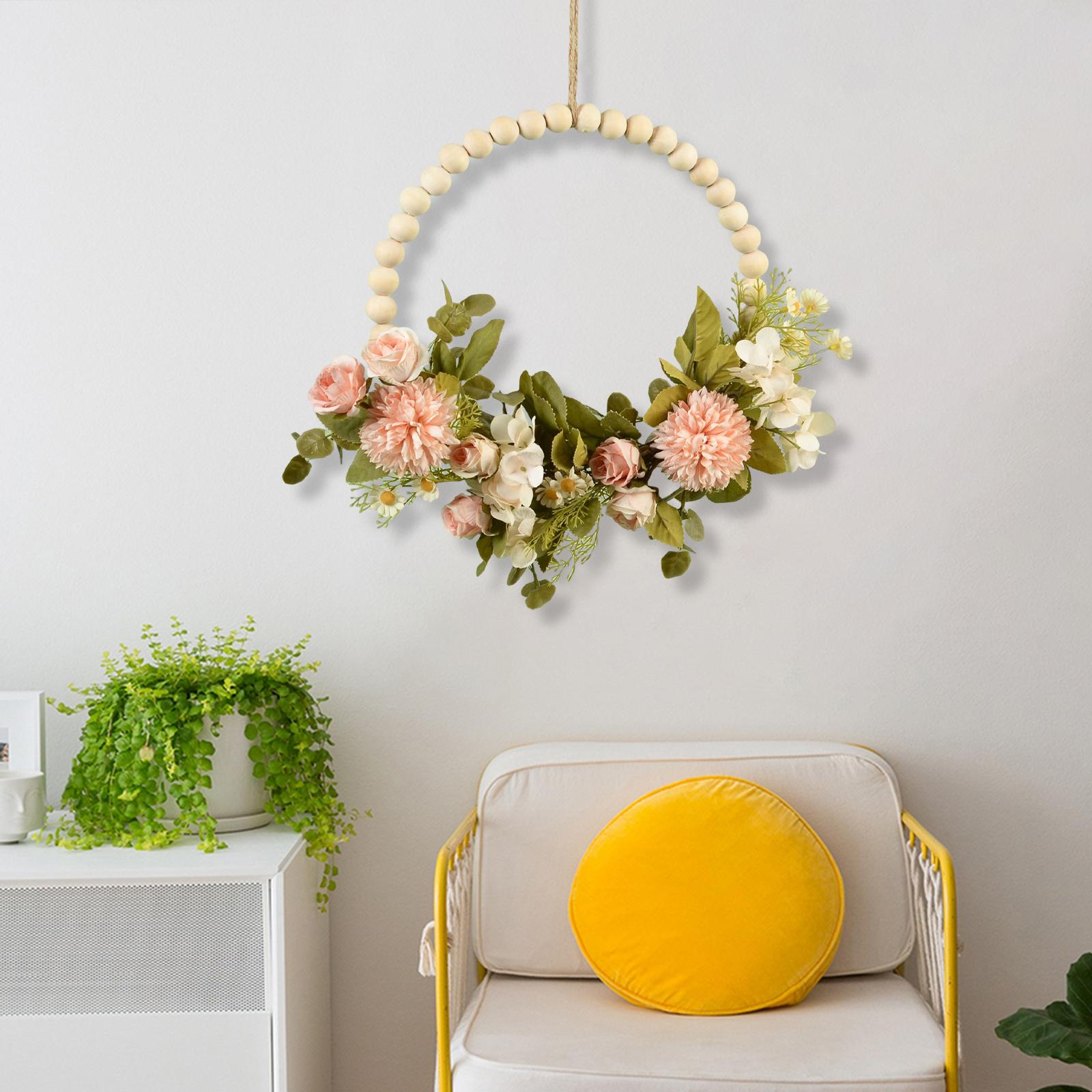 

Flower Wreath Garland Wood Beads Wreath Green Leaves for Home Backdrop Outdoor Decoration Ornament рожевий