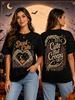 Halloween Skeleton Hand Love Pumpkin Moon Purple Rose Printed Women's Short Sleeved T Shirt, Gothic Dark Style Loose Edition