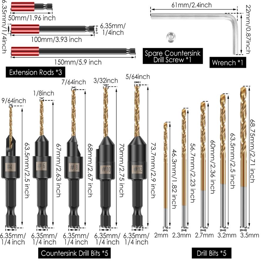 

17pcs Woodworking Tapper Hexagon Shank Screw Countersunk Drill Bit Taper Drill Hole Drilling and Reaming Hardware Tool Set