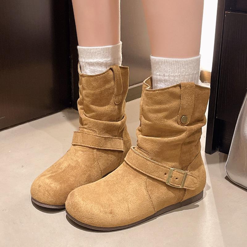 Retro pleated piled boots women's autumn new velvet warm short boots temperament versatile Martin boots