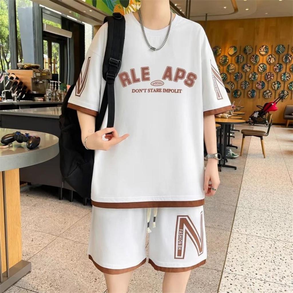 Summer Men's Fashion Personality Letter Printed Short Sleeved Shorts Two-piece Set Outdoor Sports Breathable T-shirt Set