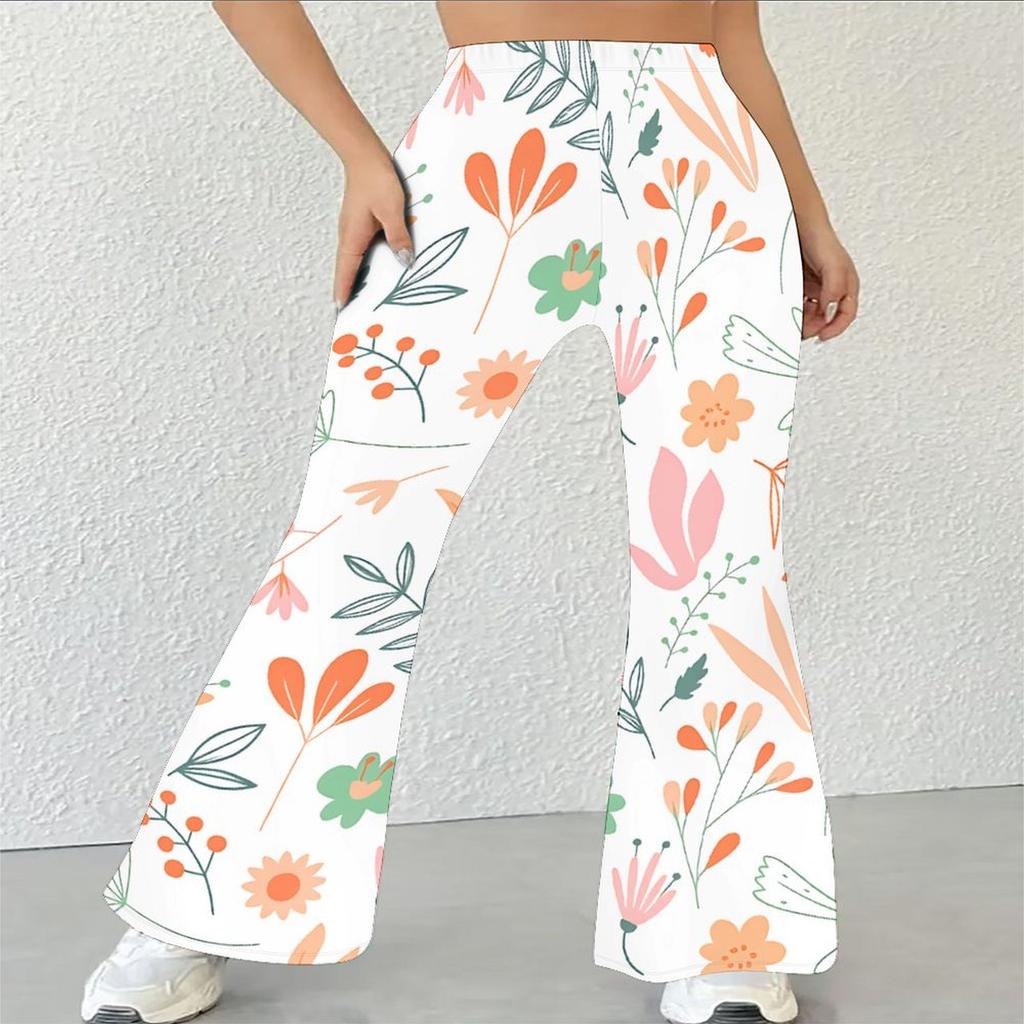 Women's Casual High Waist Flare Pants, Floral Print Streetwear Bell Bottom Trousers