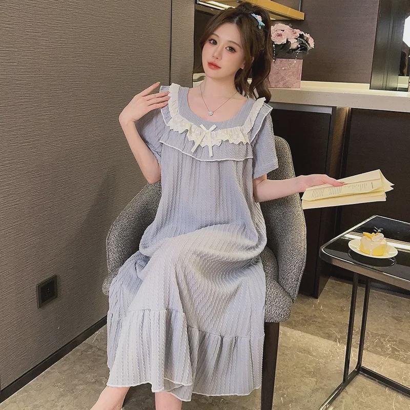 Women's Plus Size Cotton Short-Sleeve Nightdress - Sweet, Loose Fit, Summer Pajamas for Comfort Up To 200 Pounds