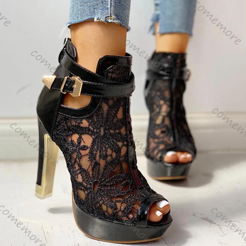 Fashion Comemore Floral Lace Hollow High Heel Sandals Mesh Zip Pumps Ladies Sexy Shoes Peep Toe Casual Women's Sandals Summer Sandalias