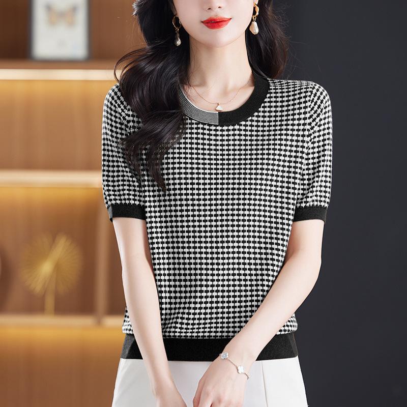 Dünnes Strickshirt Sommer Neu Kariertes T-Shirt Damen Kurzarmtop