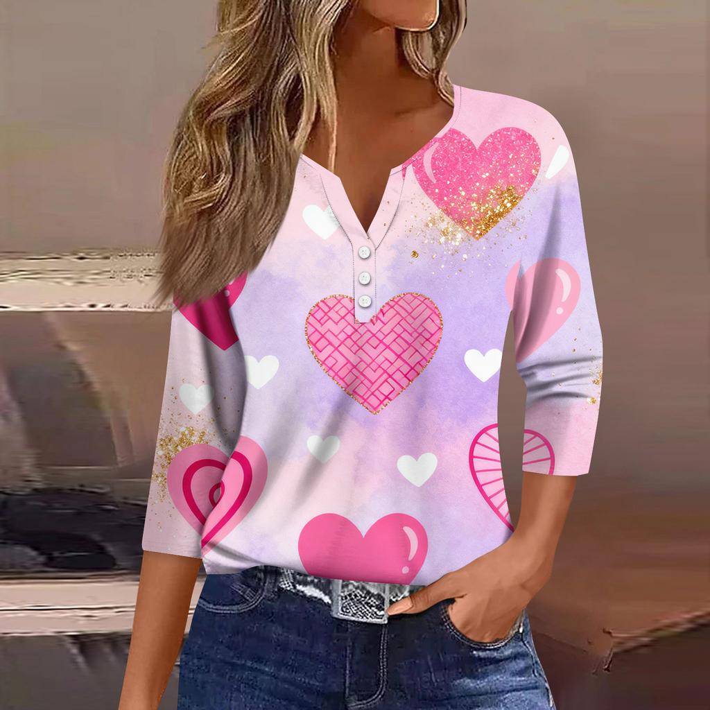 Women's Fashion Button-Up V-Neck Three-Quarter Sleeve Valentine's Day Print Top