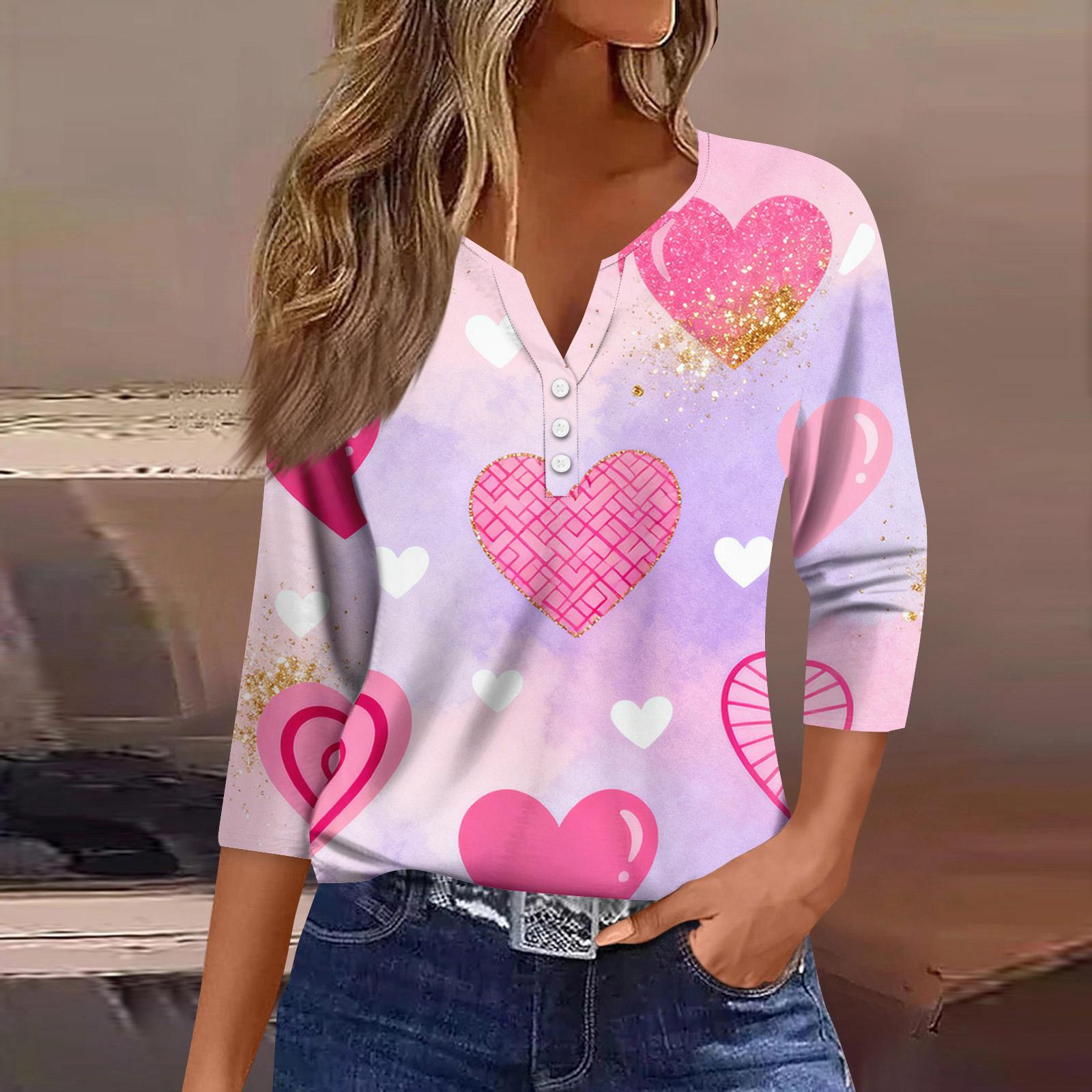 

Women s Fashion Button-Up V-Neck Three-Quarter Sleeve Valentine s Day Print Top XXXL