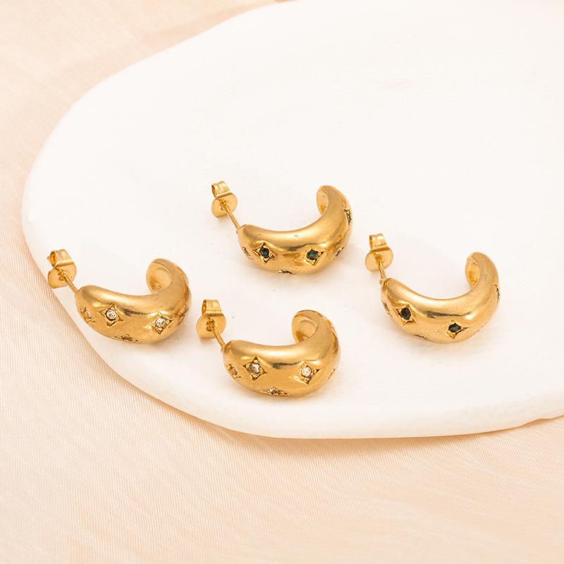 European and American retro style semicircular stainless steel diamond earrings high fashion light luxury women's titanium steel stud earrings