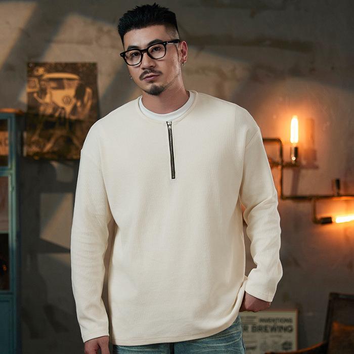 Waffle Half Zipper Long Sleeve Base Shirt T-shirt Men's Round Neck Loose Japanese Retro Casual