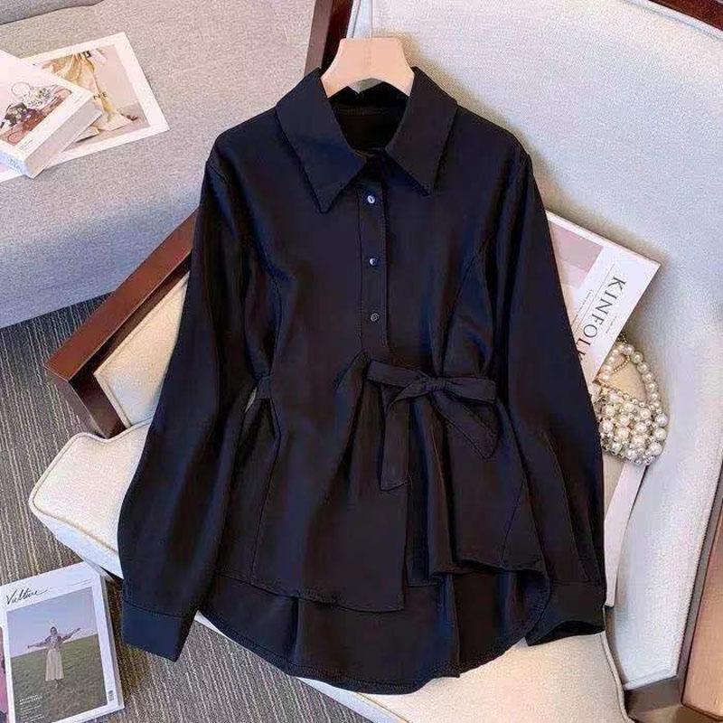 Fashion Korean Turn-down Collar Lace Up Button Shirt  Autumn Women's Clothing All-match Solid Color Long Sleeve Loose Blouse