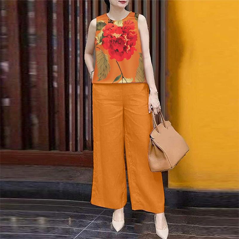 

ZANZEA Women Sleeveless Prnt Tank Tops and Pants Summer Two Piece Suit Sets 5XL оранжевый