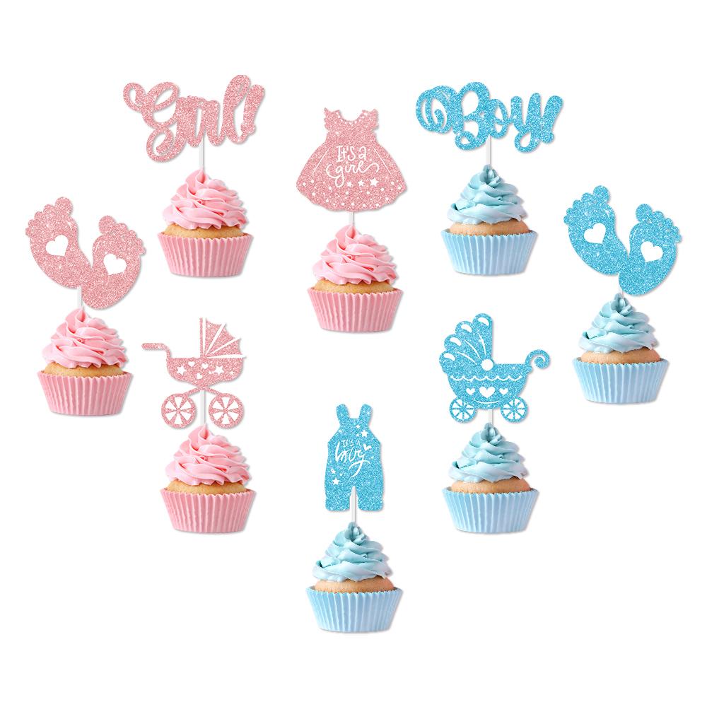12/24pcs Boy or Girl Cupcake Toppers Glitter Feet Onesie Dress Gender Reveal cake picks Cake Decoration Baby Shower kid birthday