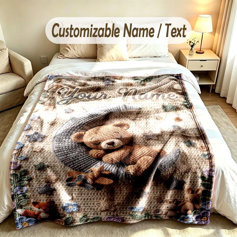 Teddy Bear Theme Custom Blanket Personalized Name & Text Customized Soft Warm Throw Blanket Home Decor