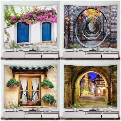 Street Flower Scenery Tapestry Vintage Blue Wooden Door Floral Plants Nature Landscape Home Garden Decor Wall Hanging Picnic Mat