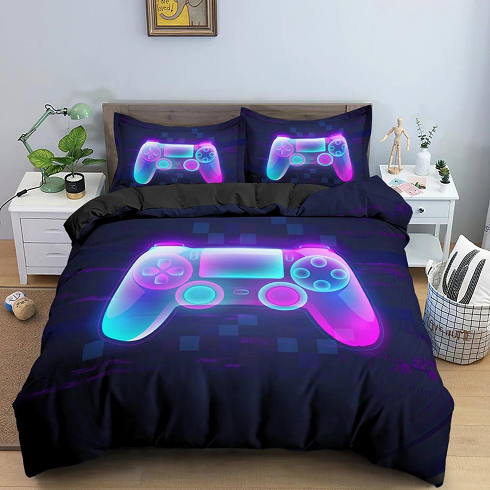 Gaming Gamer Duvet Cover Set Gamepad Bedding Set,Video Game Comforter Cover Neon Gamepad Geometry Brick Wall Design Quilt Cover