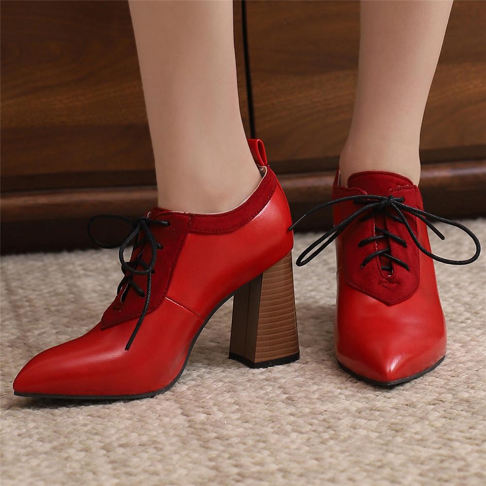 Women Pumps Pointed Toe Lace up Thick Heel Platform Brogue Student Carved Retro Classic Spring Autumn New