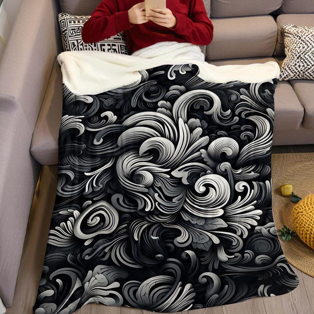 Monochrome Swirl Flourish Flannel Blanket Warm Soft Halloween Christmas Couch Warm Cozy Decorative Decor Gift for All Season