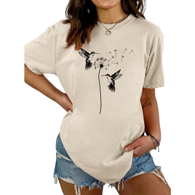 Sommer Rundhals Zwei Vogelmuster Druck Top Modische Lässige Kurzarm Damen T-Shirts