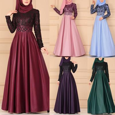 Vintage Muslim Women Lace Patchwork Long Sleeve Dubai Kaftan Dress Without Hijab