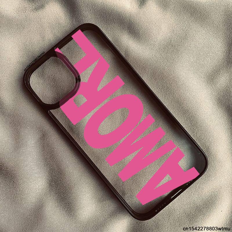 Trendy Pink Letters AMORE Phone Case for IPhone 17 16 Pro 15 14 13 12 11 XR XS Max 7 8Plus 17Air Simple English Clear Hard Cover