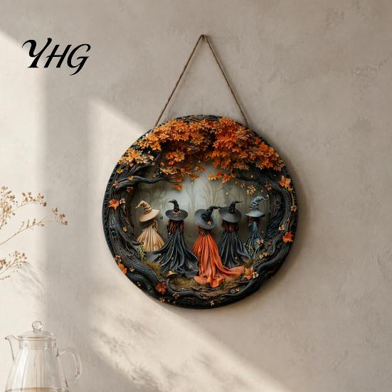 Halloween Party Home Ornament Witch Hanging Sign, 8" Round Wooden Door Autumn Forest Festive Decoration Witches Rustic Holiday Sign for Front